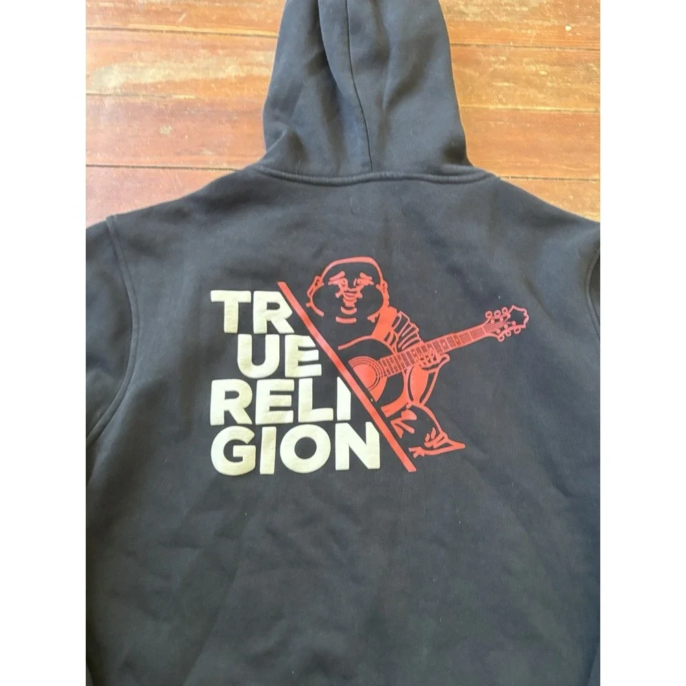 True Religion Full Zip Up Black Graphic Logo Hoodie Men's XXL Y2K Pullover
